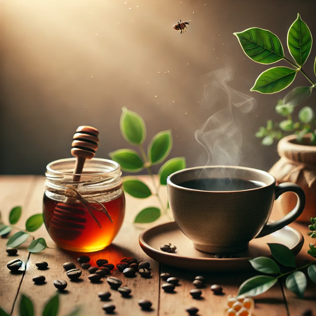 A serene image of a steaming cup of coffee on a wooden table, surrounded by fresh coffee beans and a small jar of honey.