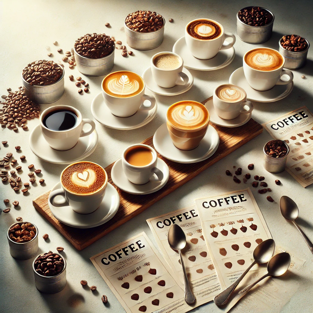 An image representing coffee reviews_ multiple cups of coffee in different styles (espresso, latte, cappuccino) arranged on a table with tasting notes