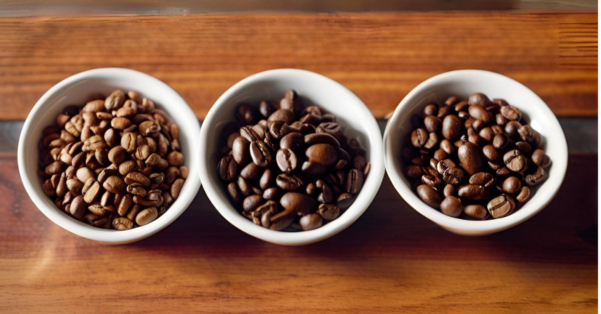 Dark and Oily French Roast Beans: A Journey into Bold Flavors 1 Three samples of coffee beans displayed side by side—light roast, medium roast, and dark French roast—to illustrate the color differences.