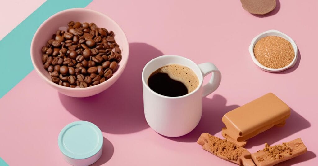 A set of icons representing health benefits like antioxidants and digestive aid, alongside a coffee cup icon.