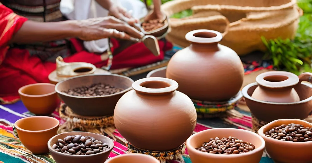 Ethiopian Yirgacheffe Coffee: A Complete Guide 3 Traditional Ethiopian coffee ceremony with clay pots, cups, and roasted Ethiopian Yirgacheffe beans, featuring colorful textiles and a person preparing the coffee.