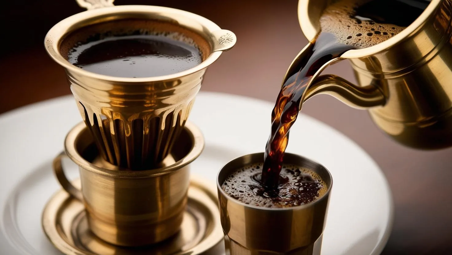 Exploring the Rich Coffee Culture in India 1 Preparing traditional South Indian filter coffee by pouring between dabarah and tumbler