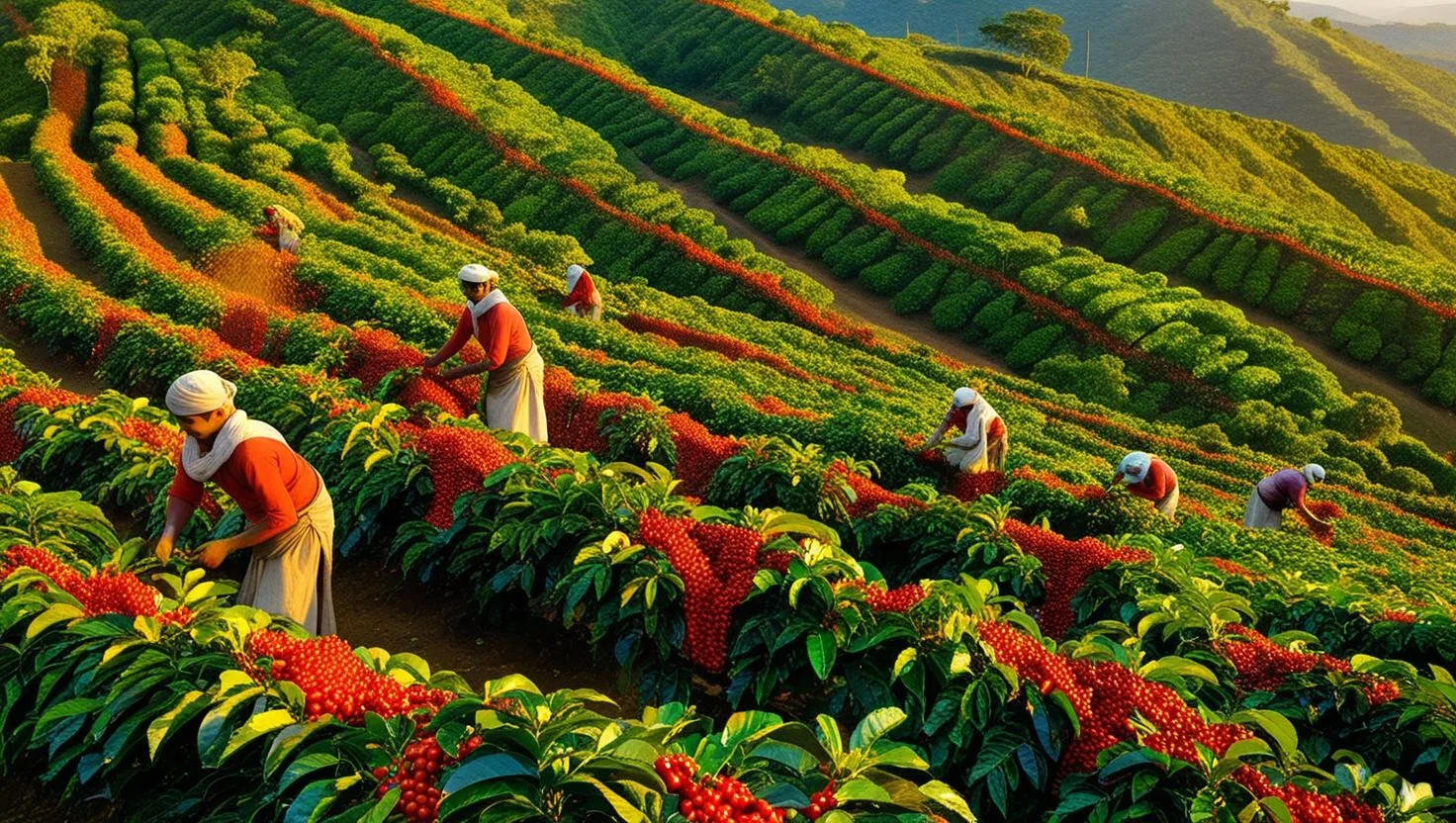 Exploring the Rich Coffee Culture in India 2 Lush green coffee plantations in Chikmagalur, Karnataka with farmers harvesting coffee cherries