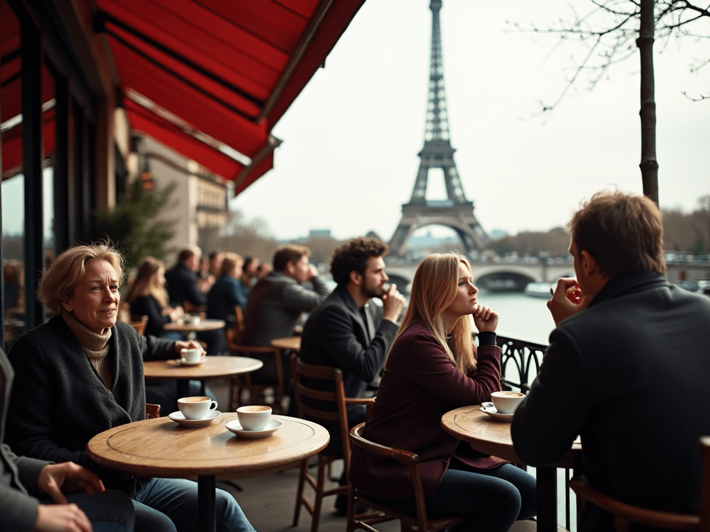 Discovering the Magic of French Coffee Culture While Traveling France 1 Parisian café terrace with people enjoying coffee and a view of the Eiffel Tower.