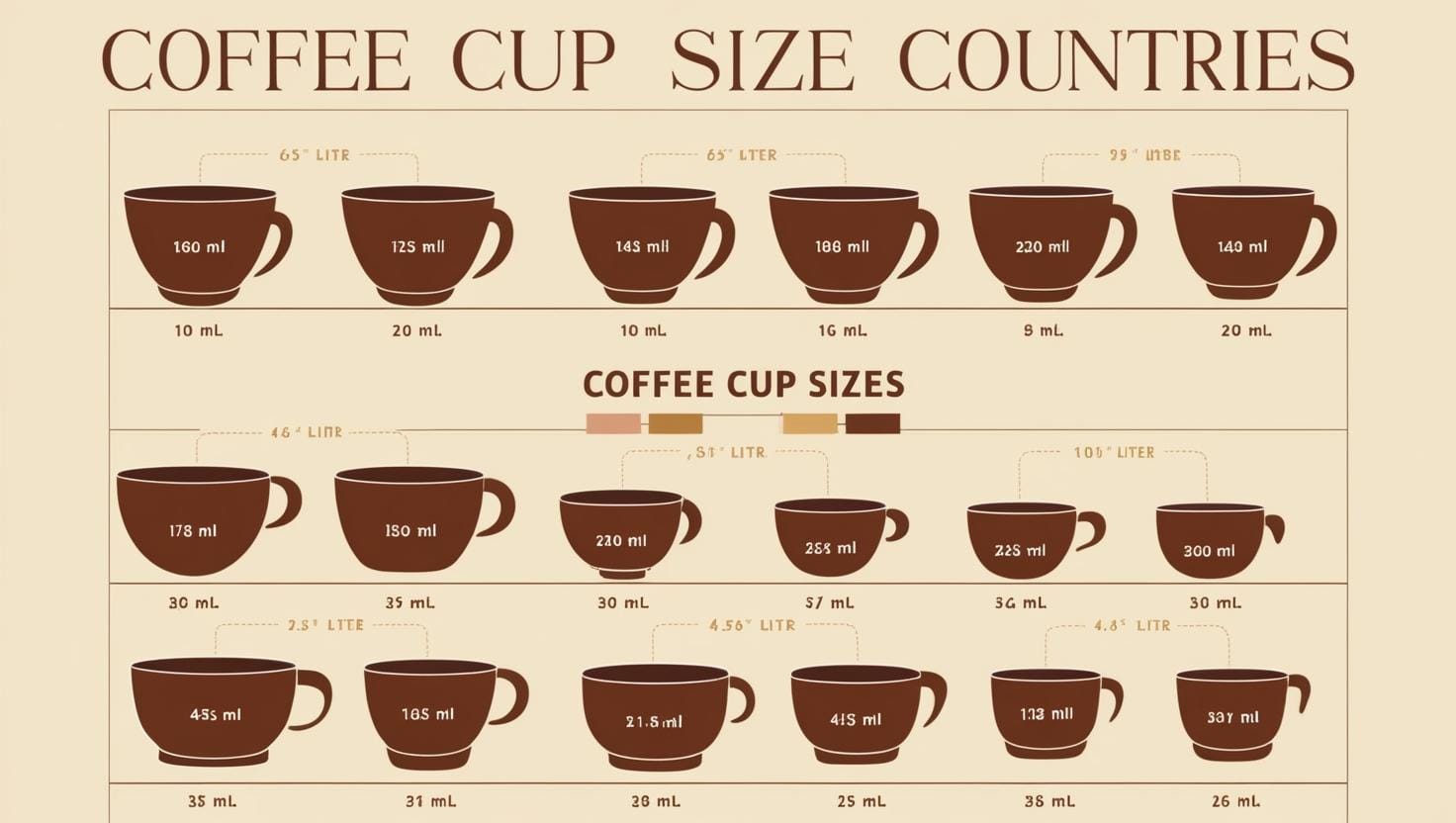 How Many Milliliters in a Coffee Cup? An In-Depth Exploration 1 Infographic showing coffee cup sizes in milliliters for various countries around the world.