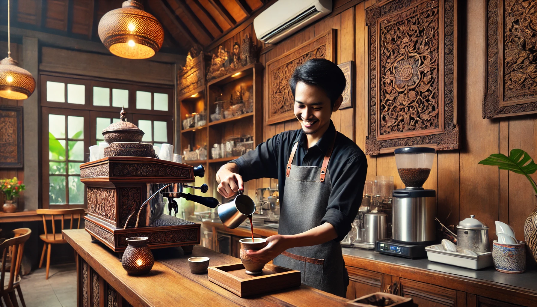 Exploring Remarkable Indonesia Coffee Culture 1 Barista pouring coffee in an Indonesian shop with rustic decor and traditional ceramic cups.