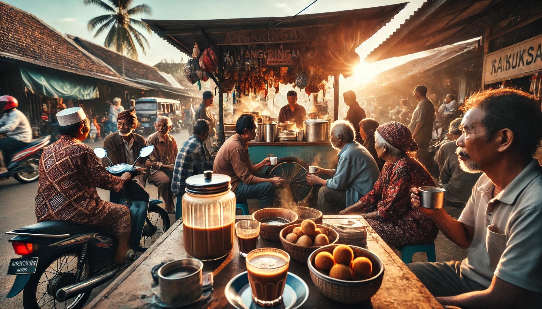 Exploring Remarkable Indonesia Coffee Culture 2 Indonesian street coffee stall at sunset, locals enjoying coffee in glass cups. Indonesia coffee culture