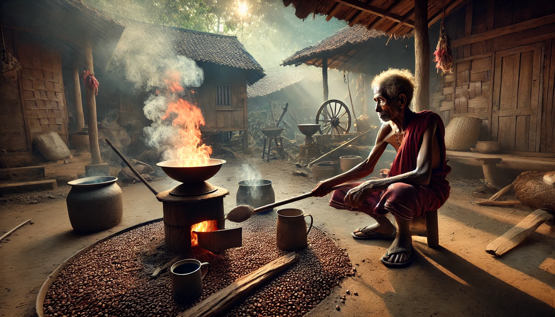 Exploring Remarkable Indonesia Coffee Culture 4 Elderly farmer roasting coffee beans in a traditional Indonesian village setting.