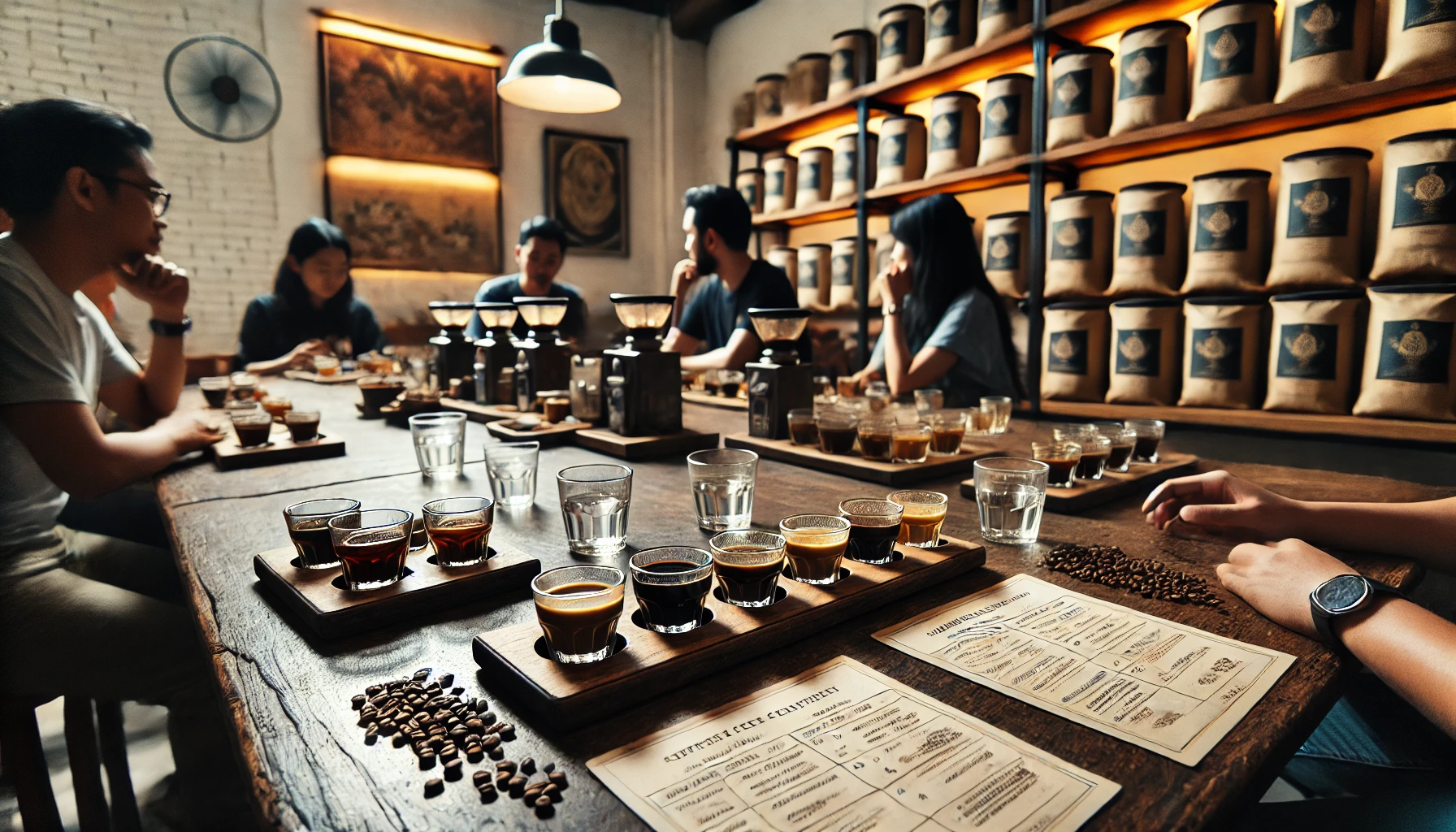 Exploring Remarkable Indonesia Coffee Culture 3 Coffee tasting session with multiple small cups on a wooden table in an Indonesian specialty shop.