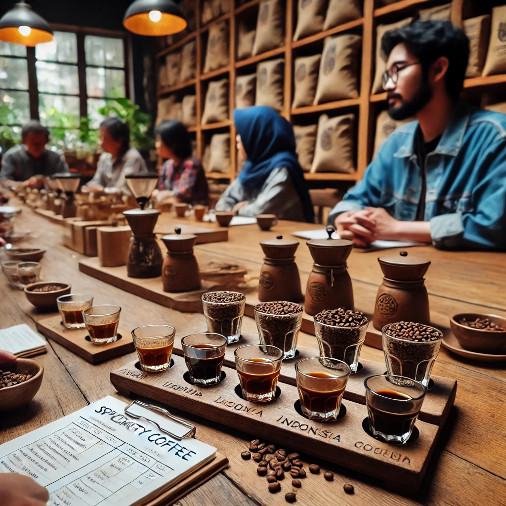 Exploring Remarkable Indonesia Coffee Culture 6 People are discussing the flavors, with shelves of coffee beans in the background. Indonesia coffee culture