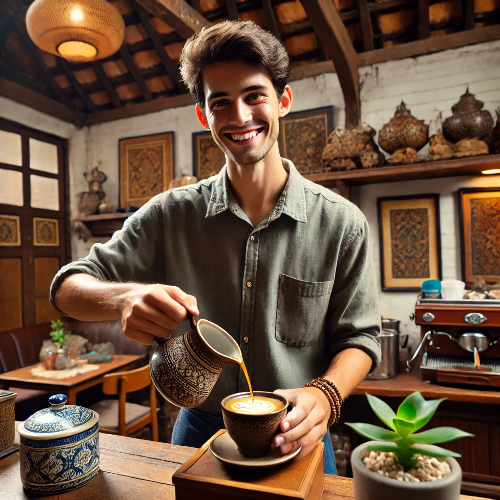 Exploring Remarkable Indonesia Coffee Culture 5 Indonesian coffee shop pouring coffee into a traditional ceramic cup.