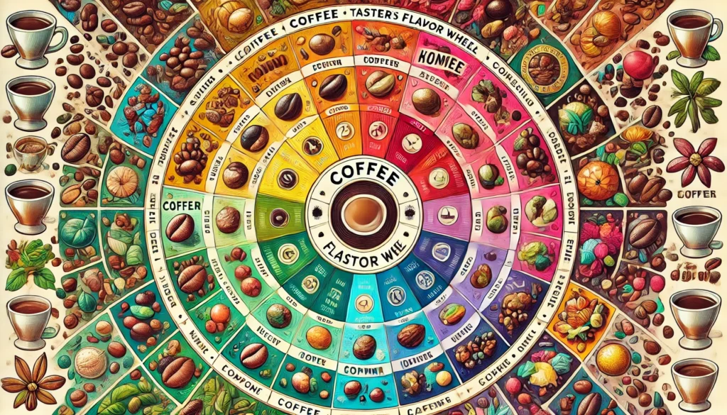 The Coffee Flavor Wheel illustrating different coffee flavor notes like fruity, floral, nutty, and earthy. Coffee Flavor Profiles