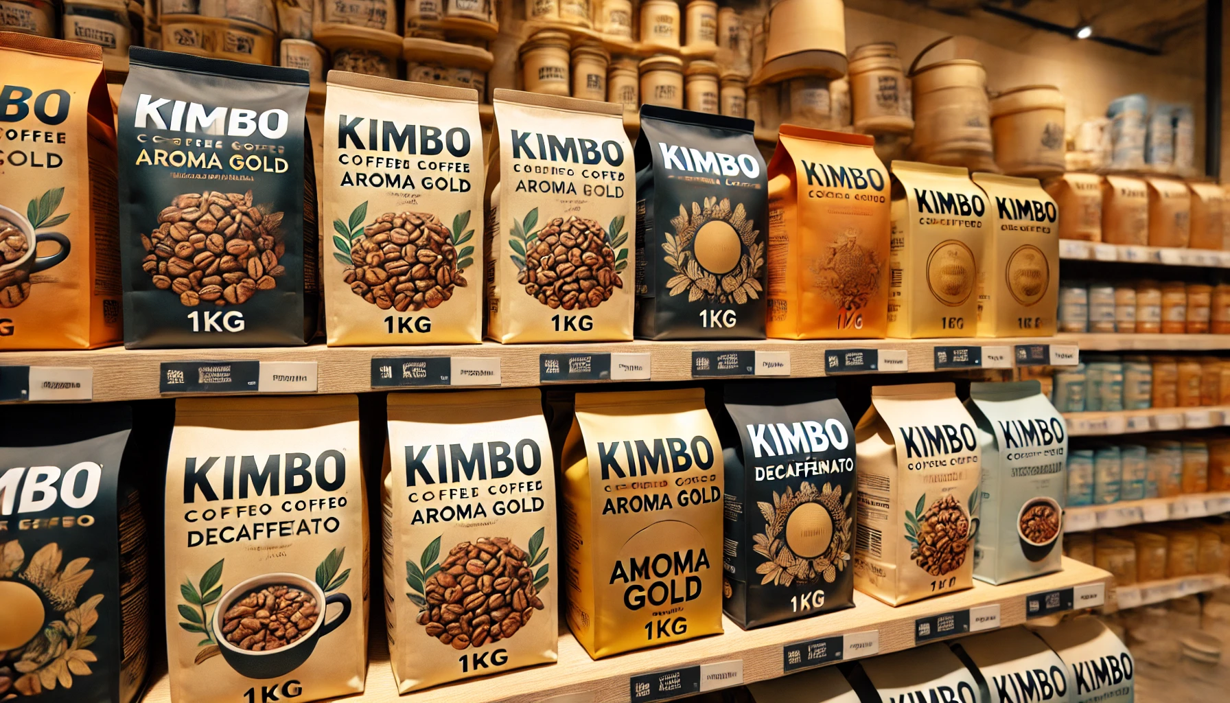 What Makes Kimbo Coffee So Special? 7 Key Facts You Need to Know 4 Various Kimbo Coffee packaging options, including 1kg coffee beans, Aroma Gold blend, and Kimbo Decaffeinato.