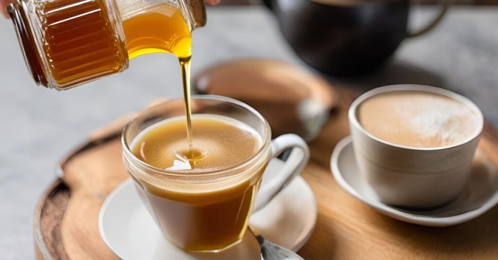 Honey being poured into a freshly brewed cup of coffee. Do People Put Honey in Coffee?