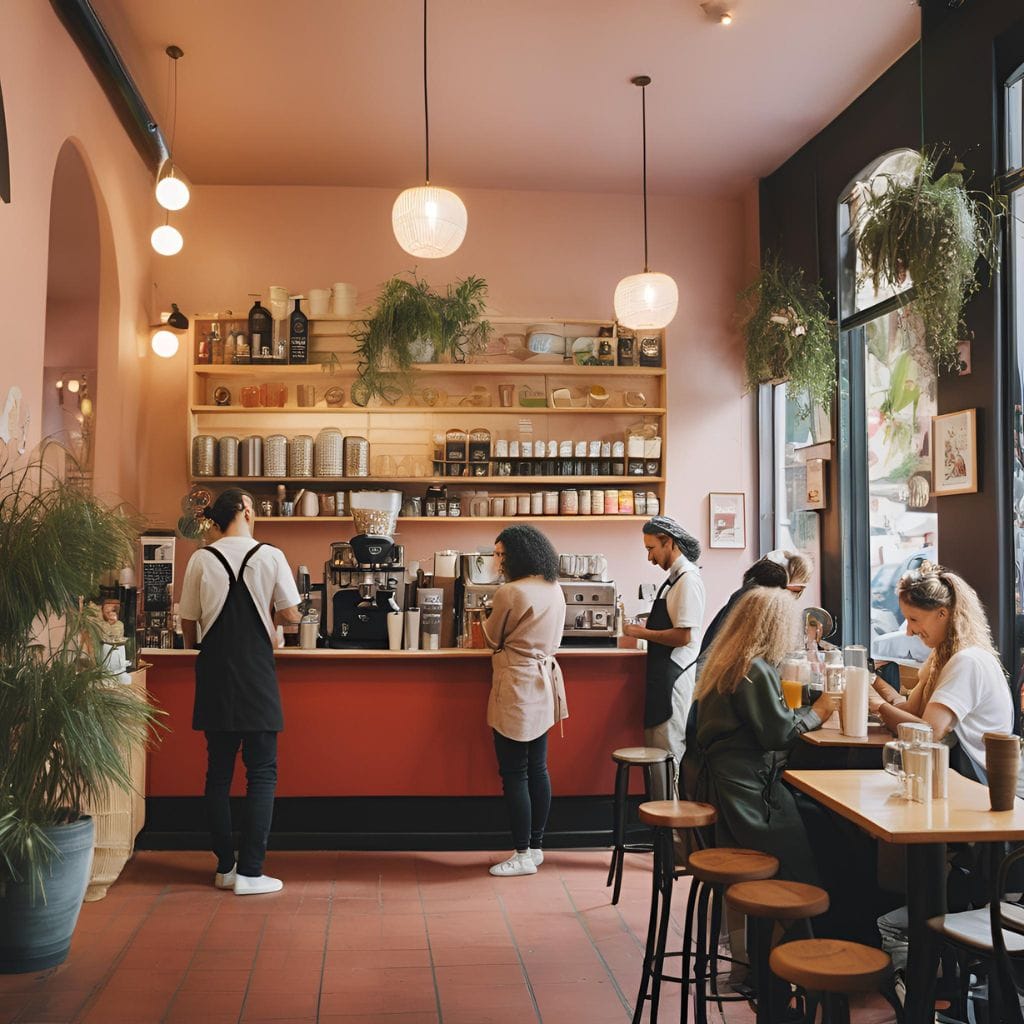 What Makes Australian Coffee Culture Unique and So Beloved? 3 Interior of a Melbourne cafe, showcasing baristas at work and a bustling atmosphere.