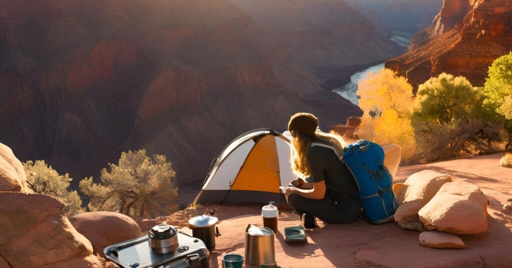 Person making French press coffee by the Colorado River while rafting the Grand Canyon. How to Make Coffee When Rafting the Grand Canyon