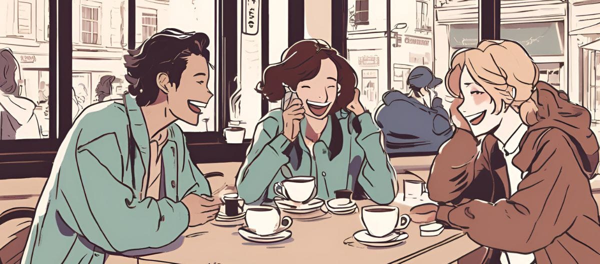 Discovering the Magic of French Coffee Culture While Traveling France 4 Friends enjoying coffee and conversation at a French café, surrounded by notebooks and pens.