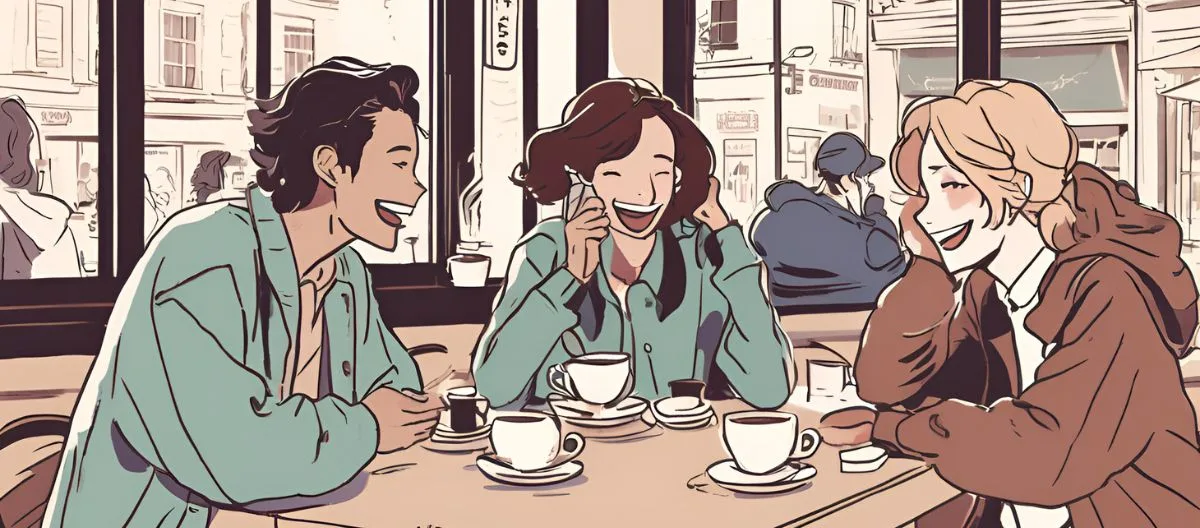 Discovering the Magic of French Coffee Culture While Traveling France 4 Friends enjoying coffee and conversation at a French café, surrounded by notebooks and pens.