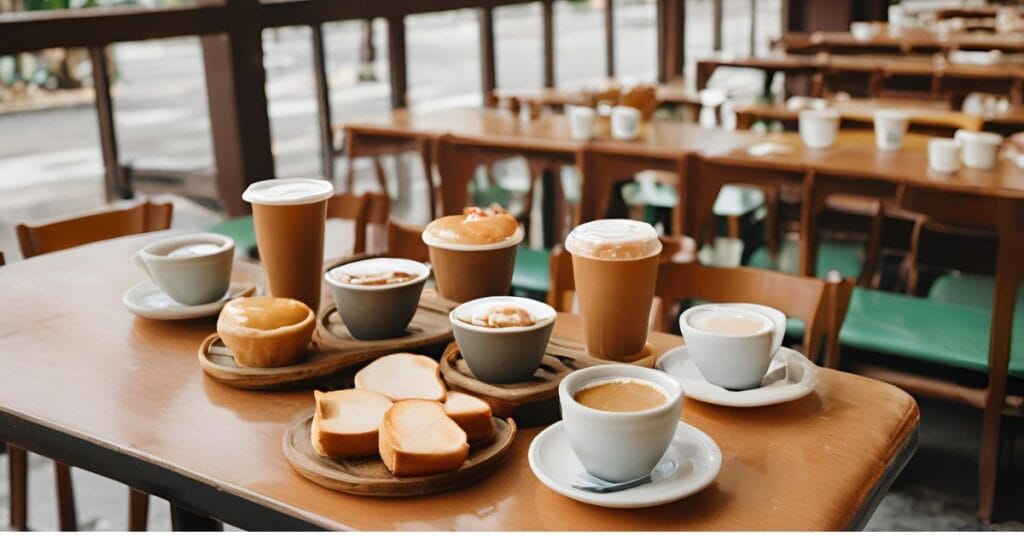 Traditional kopitiam in Singapore featuring marble tables, wooden stools, and cups of kopi with kaya toast.