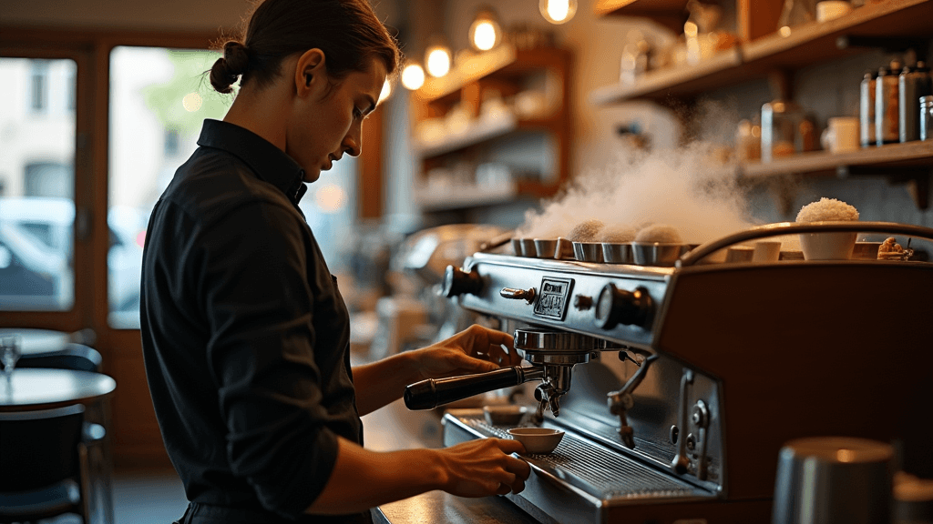 Discovering the Magic of French Coffee Culture While Traveling France 3 Barista making espresso in a traditional French café on a vintage coffee machine.