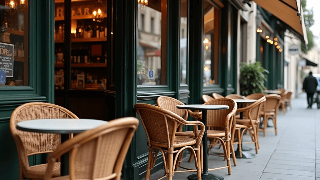 Classic Parisian café with wicker chairs and round tables set outside.. French Coffee Culture