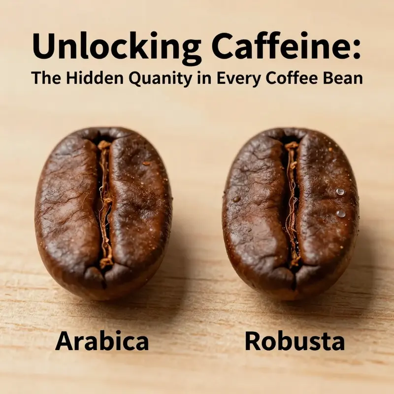 A comparison of Arabica and Robusta coffee beans illustrating their differing characteristics and caffeine content.