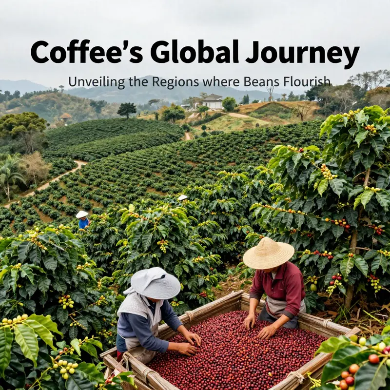An illustrated map of the Coffee Belt, indicating major coffee-growing regions worldwide.
