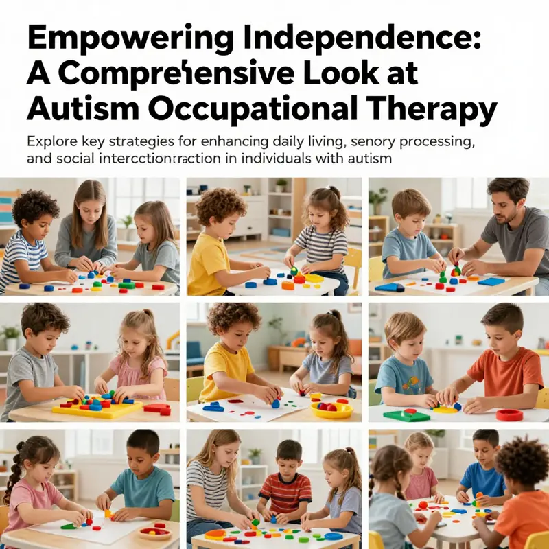 A collage depicting different autism occupational therapy sessions focusing on daily living skills, sensory processing, and social interaction.