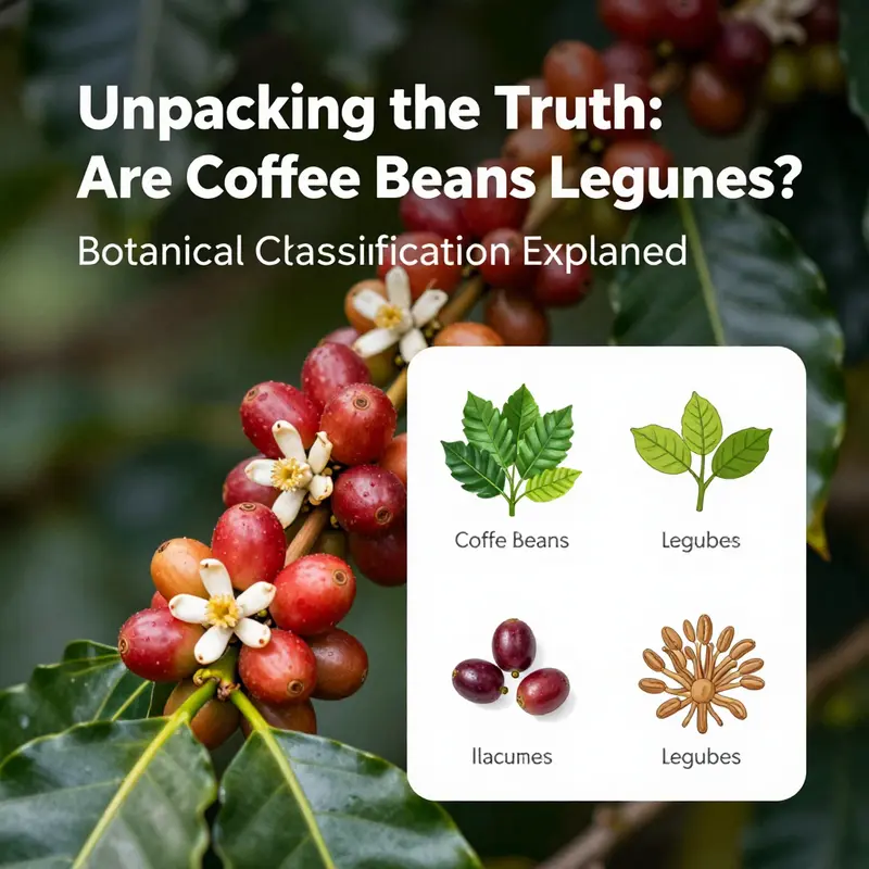 The botanical illustration contrasts coffee cherries and legumes, enhancing understanding of their classifications.