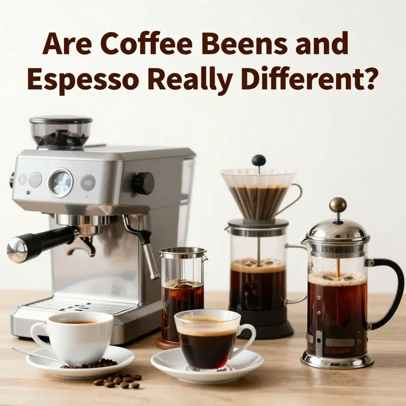 A detailed comparison of coffee beans and espresso beans illustrating their similarities and differences.