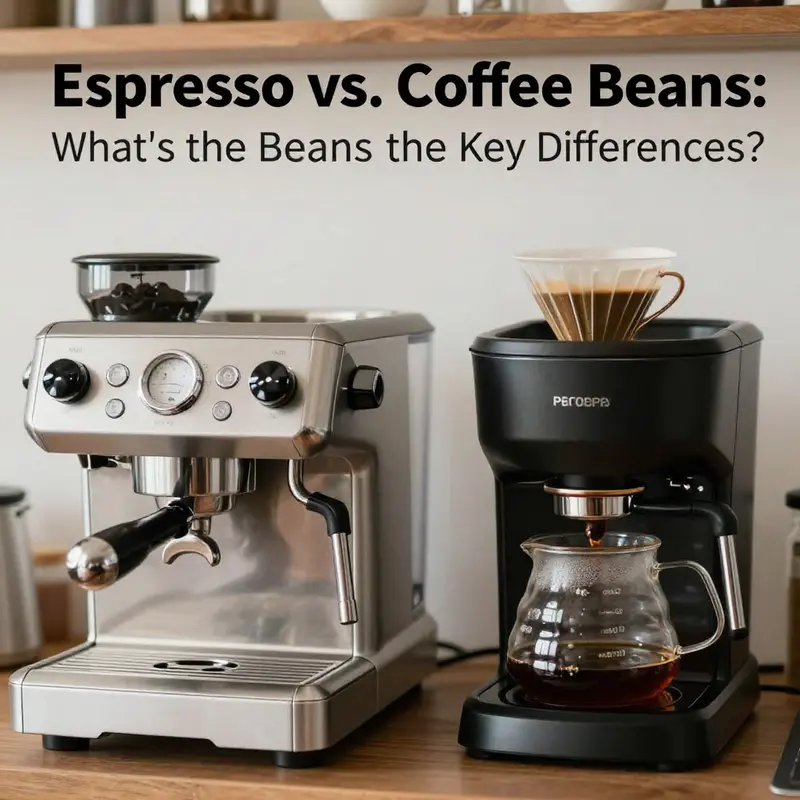 Contrasting brewing methods: espresso machine and drip coffee maker.