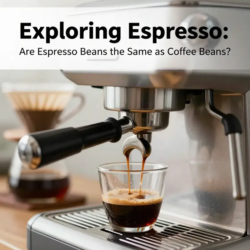 Comparative view of light-roasted coffee beans and dark-roasted espresso beans, highlighting differences in roast levels.