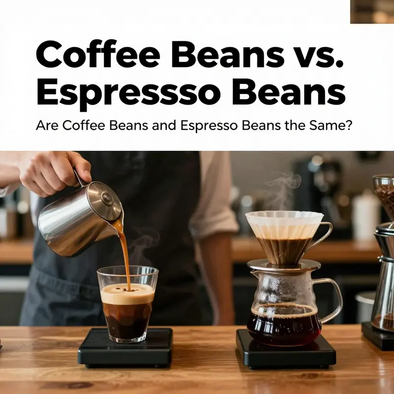 Raw coffee beans compared to roasted espresso beans, showcasing their processing differences.
