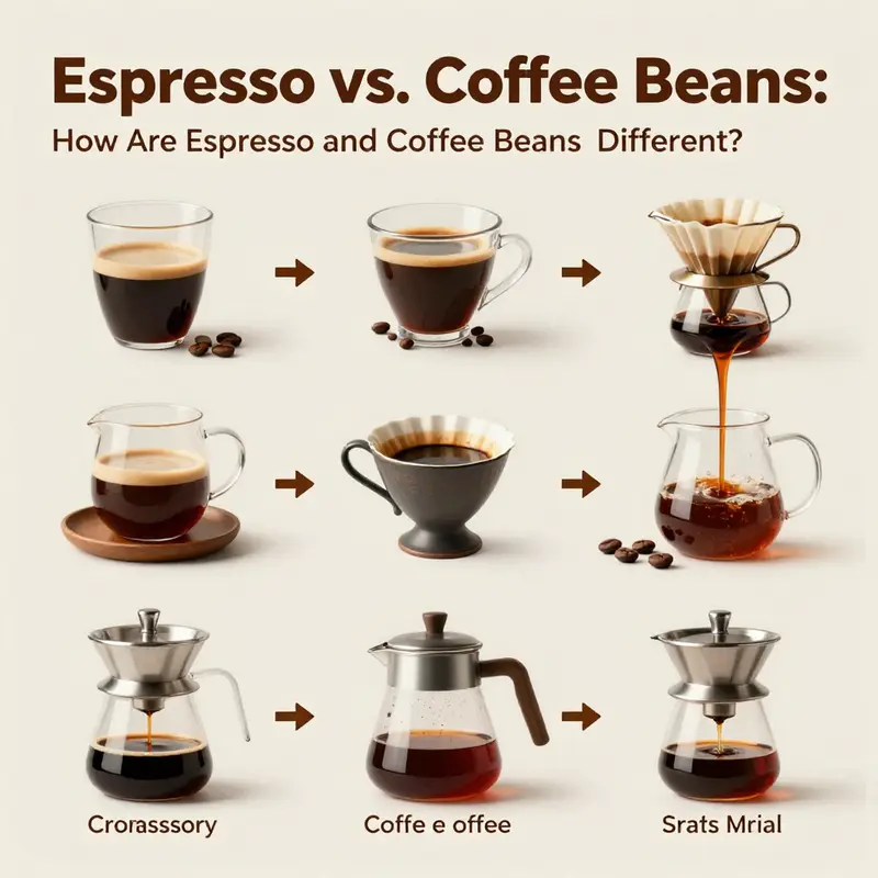 Visual representation of espresso brewing versus raw coffee beans.