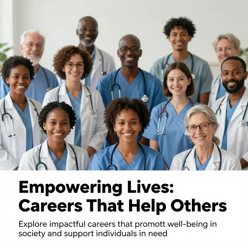 A diverse group of professionals collaborating to help others, representing healthcare, social work, and mental health.