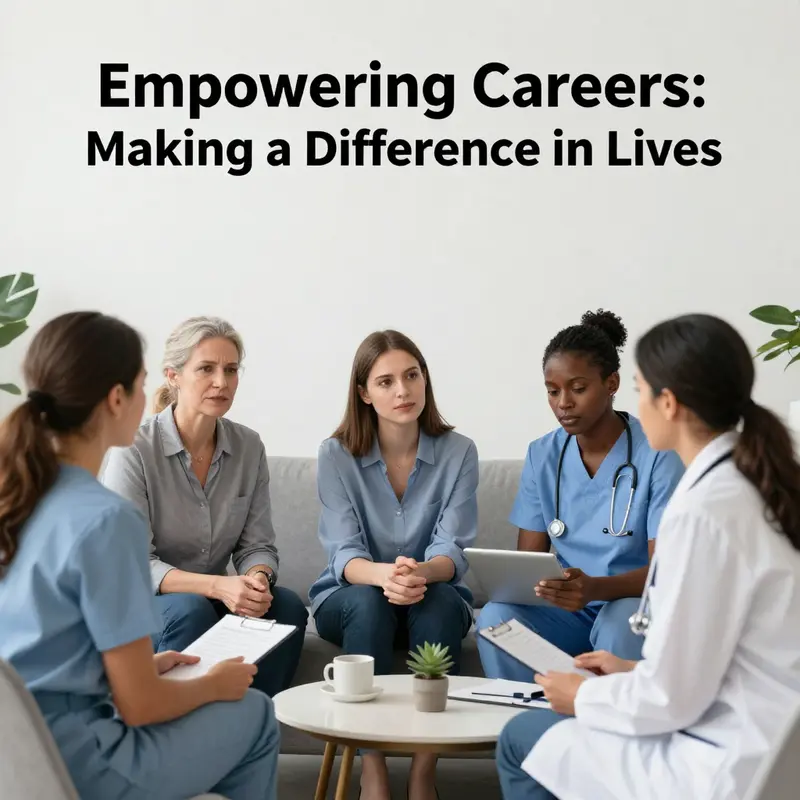A diverse group of professionals including social workers, psychologists, and healthcare workers, symbolizing collaboration in helping careers.