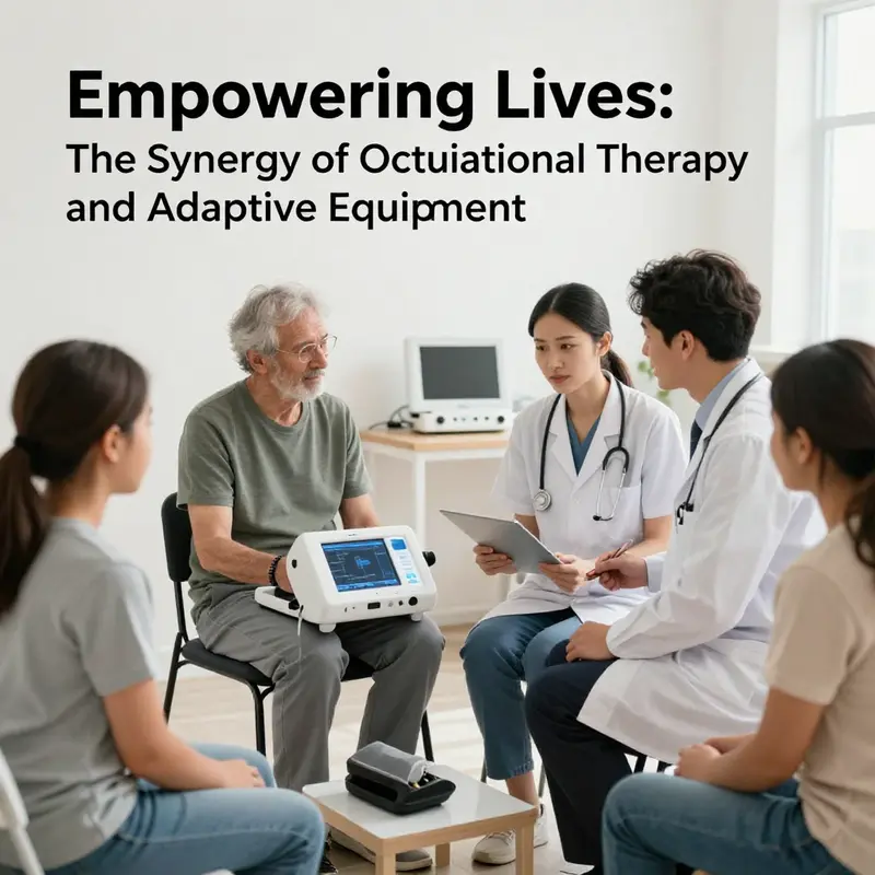 An occupational therapist showcases adaptive equipment to enhance patient independence.