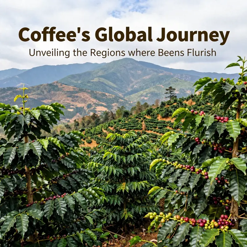 An illustrated map of the Coffee Belt, indicating major coffee-growing regions worldwide.