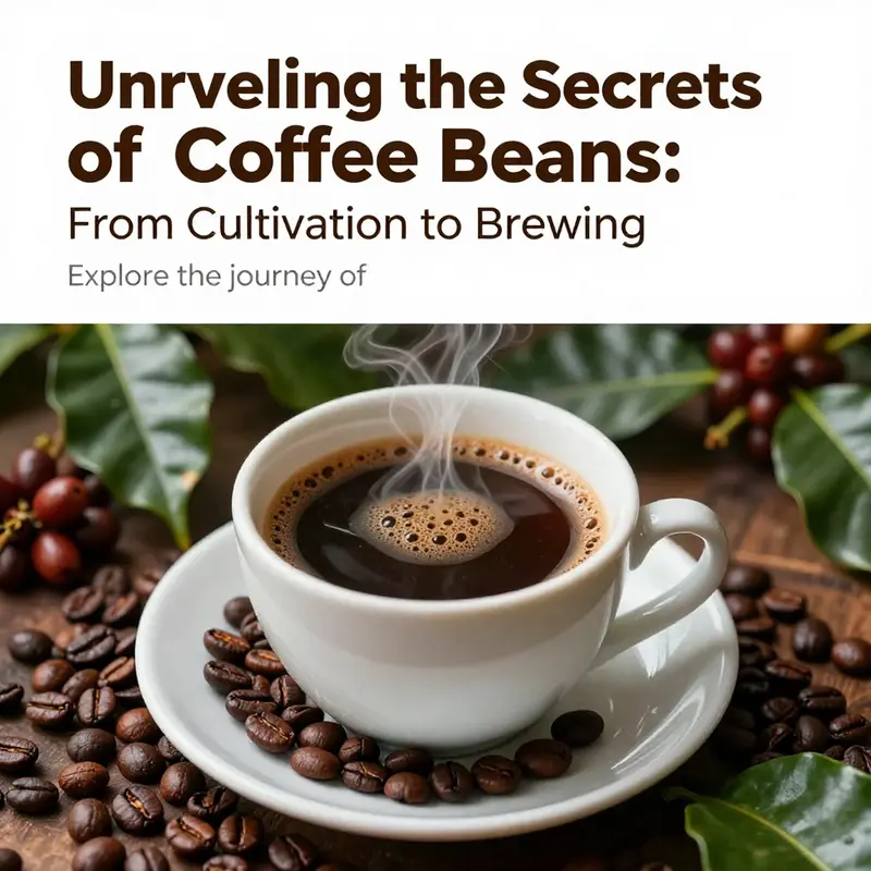 A cup of brewed coffee placed amidst roasted coffee beans and coffee plants.