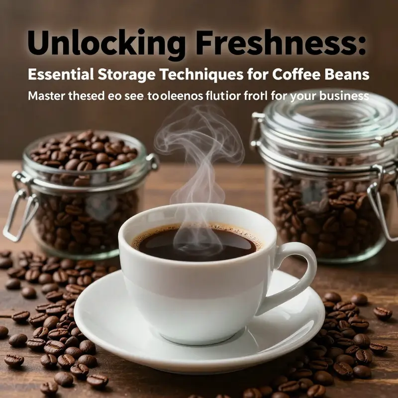 A steaming cup of coffee next to an airtight container filled with fresh coffee beans, symbolizing proper storage techniques.