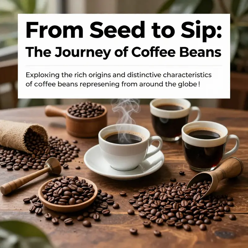 An aesthetically arranged coffee-themed display featuring different varieties of coffee beans and brewing tools.