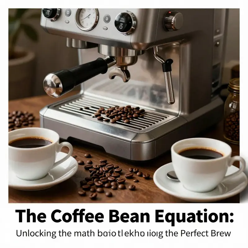 A coffee setup with an espresso machine, beans, and cups on a wooden table.