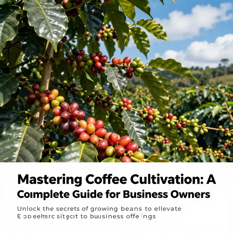 Vast coffee plantation under bright blue skies, emphasizing coffee cultivation.