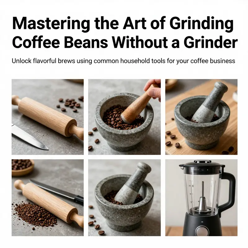 A collage demonstrating various household methods for grinding coffee beans without specialized equipment.