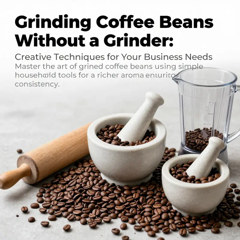 An assortment of home tools such as a rolling pin, mortar and pestle, and blender surrounding coffee beans.