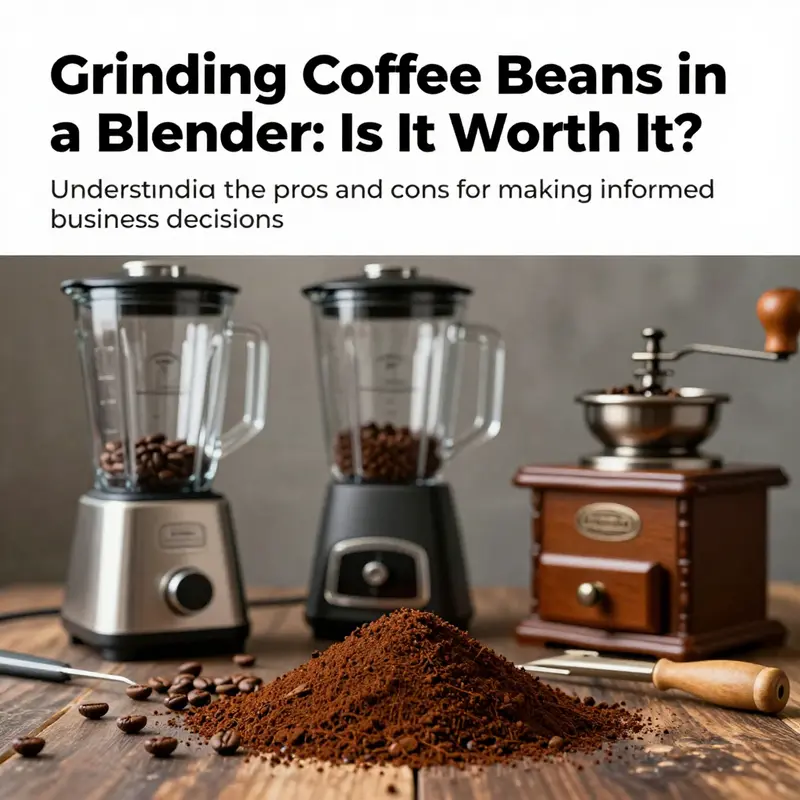 A variety of coffee grinding tools displayed with fresh coffee grounds, focusing on the choice between a blender and a burr grinder.