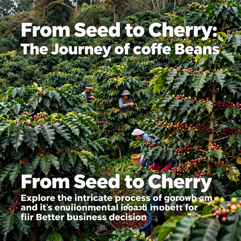 A lush coffee plantation with trees full of ripe cherries, with workers tending the crop.