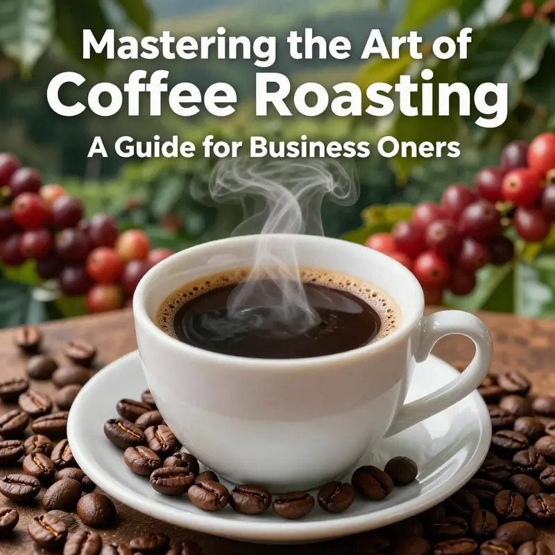 A steaming cup of freshly brewed coffee next to raw coffee beans and a blurred coffee farm backdrop.