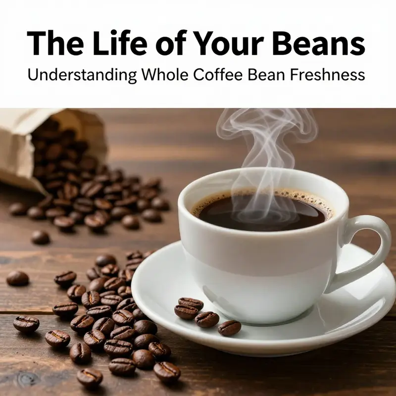 An inviting image of a steaming cup of coffee with whole coffee beans, highlighting the importance of freshness.