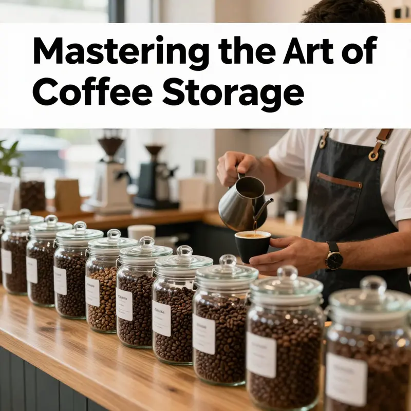 An inviting coffee shop with a barista, surrounded by fresh coffee beans in jars, emphasizing the importance of storage.